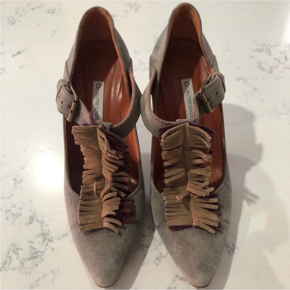 OL’AUTRE CHOSE Taupe Suede Mary Jane Pumps with Fringe Accent